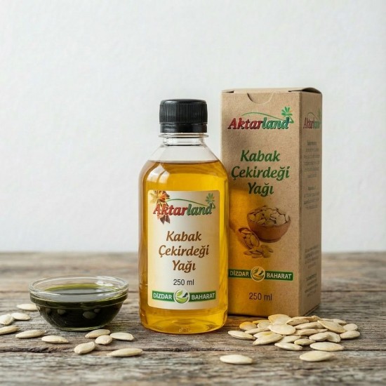 soğuk sıkım kabak çekirdeği yağı şişesi ve kabak çekirdekleri