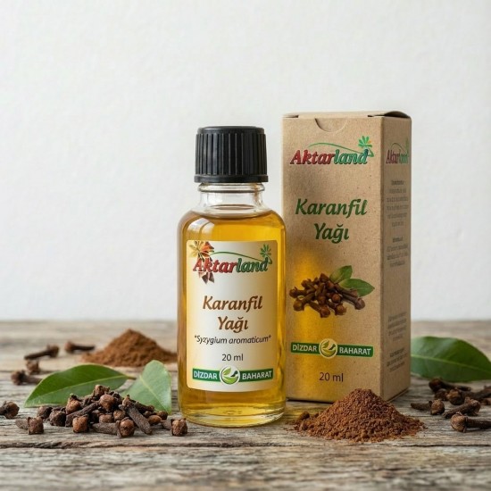 Saf ve doğal Karanfil Yağı şişesi ve kuru karanfiller