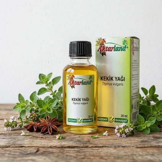  Saf Kekik Yağı şişesi ve taze kekik dalları