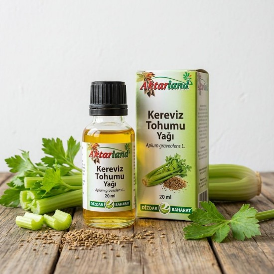 Saf Kereviz Tohumu Yağı şişesi ve kereviz tohumları