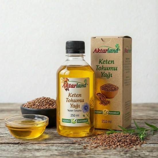 Soğuk sıkım doğal keten tohumu yağı şişesi ve keten tohumları