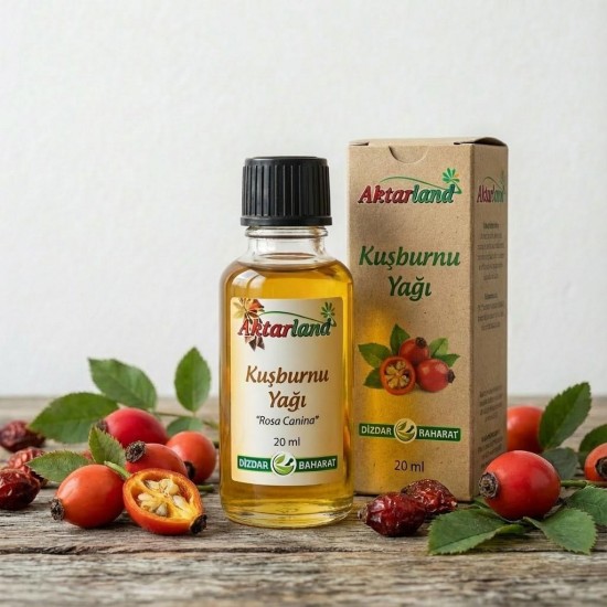 Kuşburnu yağı şişesi ve taze kuşburnu meyveleri